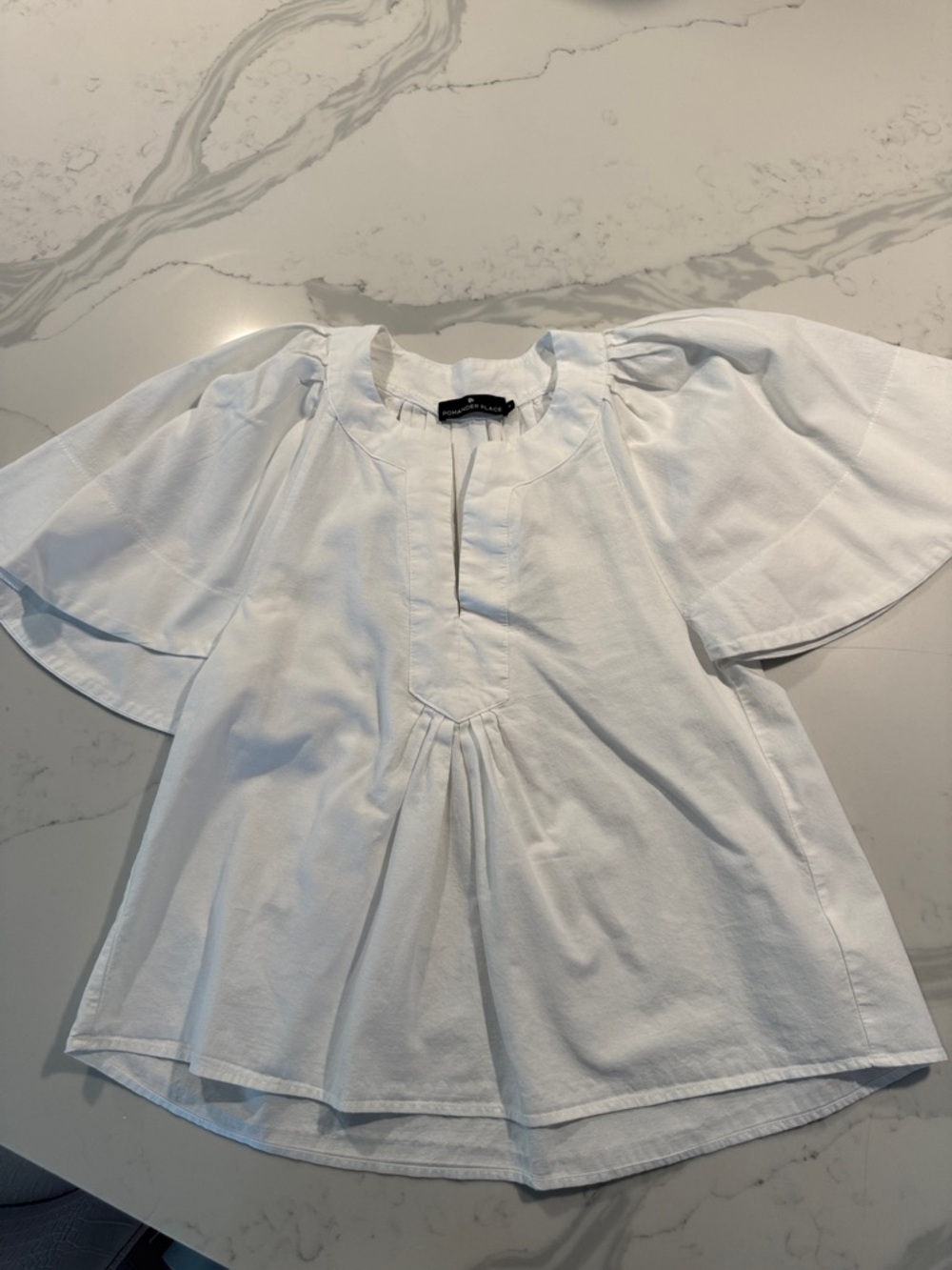 Pomander Place White Round-Neck Blouse with Pleat Detail